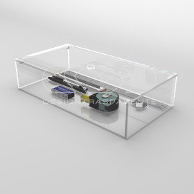 Transparent acrylic container box 30x10 cm in various heights.