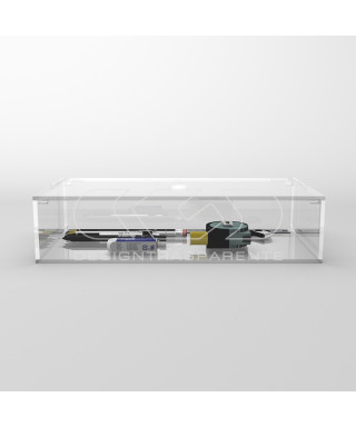 Transparent acrylic container box 45x15 cm in various heights.