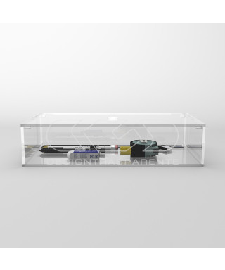 Transparent acrylic container box 75x10 cm in various heights.