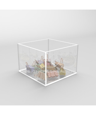 Transparent acrylic container box 10x10 cm in various heights.
