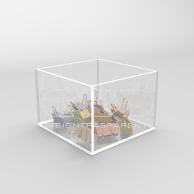 Transparent acrylic container box 15x15 cm in various heights.