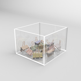 Transparent acrylic container box 15x15 cm in various heights.