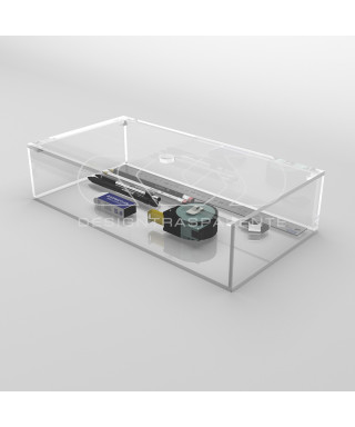 Transparent acrylic container box 80x10 cm in various heights.