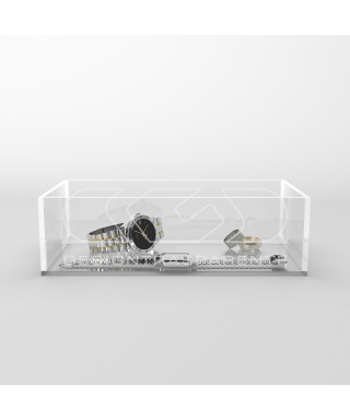 Transparent acrylic container box 80x20 cm in various heights.