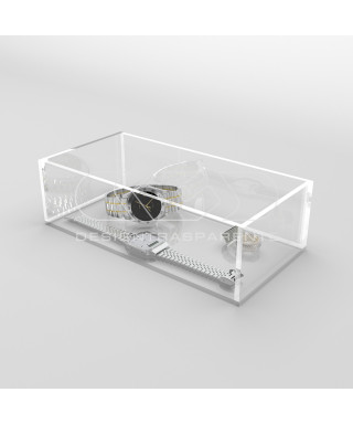 Transparent acrylic container box 80x20 cm in various heights.