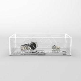 Transparent acrylic container box 45x10 cm in various heights.