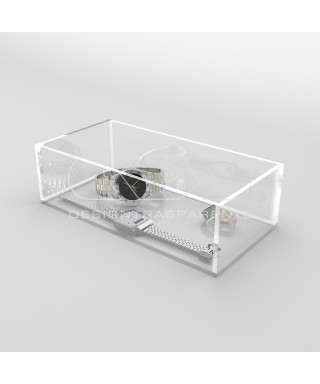Transparent acrylic container box 45x10 cm in various heights.