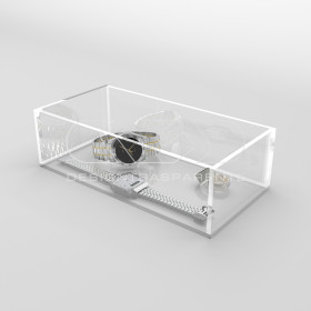 Transparent acrylic container box 45x10 cm in various heights.