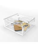 Transparent acrylic container box 25x25 cm in various heights.