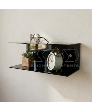 Floating bedside table 60x20cm double acrylic shelf C-shaped model.