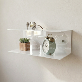 Floating bedside table 90x15cm double acrylic shelf C-shaped model.