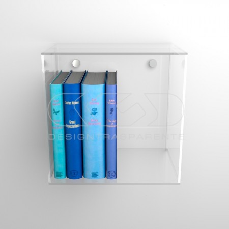 Custom-made transparent and coloured acrylic cube wall shelf.