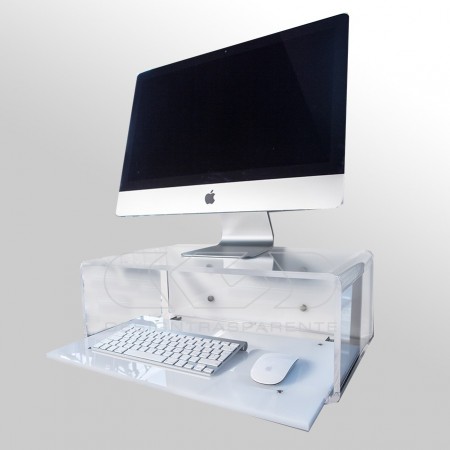 Wall-mount acrylic suspended desk designed for Apple's iMac.