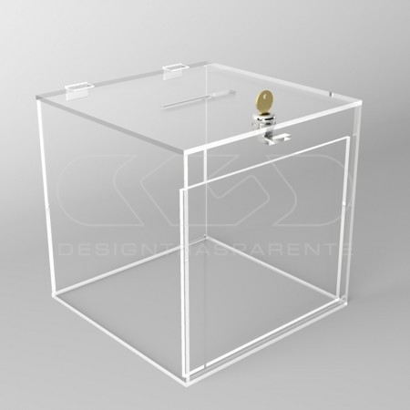 Transparent acrylic boxes, urns and containers for fundraising.