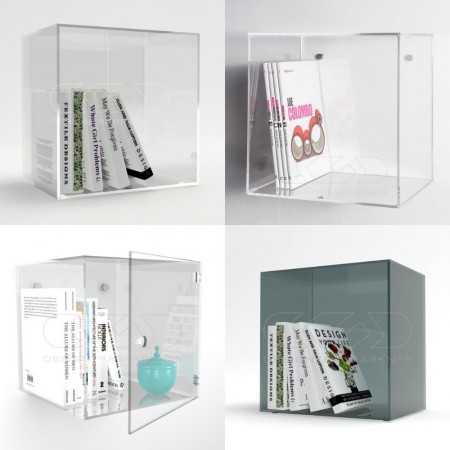 Cubi in Plexiglass trasparente e colorato, mensole e vetrine.