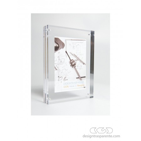 Double-sided transparent acrylic table top picture frame.