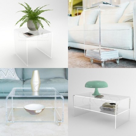 Low table for modern living room, custom-made in transparent acrylic.